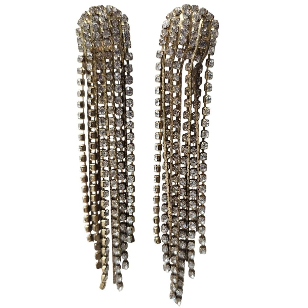 Elegant Rhinestone Tassel Dangle Earrings Gold Tone Formal Fashion Jewelry Women